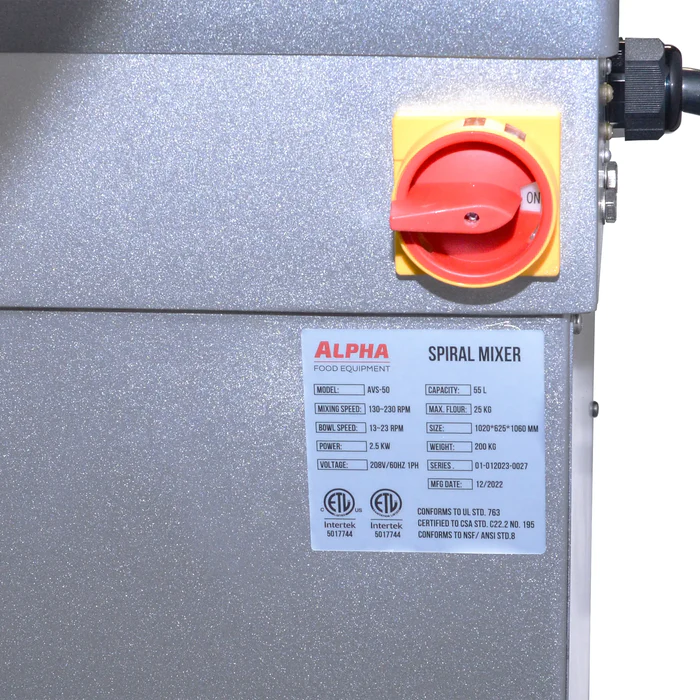 Alpha AVS-50 Commercial 50Qt Capacity Ten Speed Spiral Mixer- 208V Single Phase