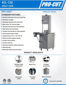 2023 Pro-Cut KS-120 Hose Down Washable Band Saw with 120" Blade - 3 HP, 220V, Three Phase