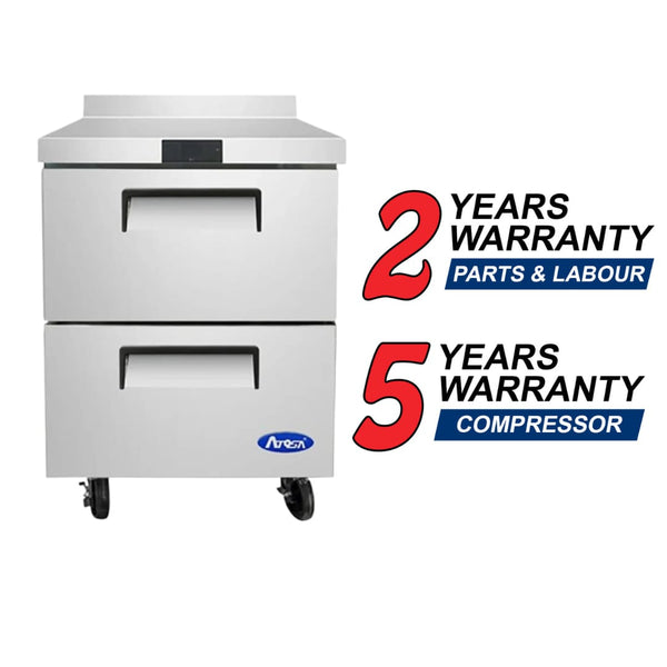 Atosa MGF8428GR 27″ Single Door Two-Drawer Undercounter Freezer Work Table With Backsplash