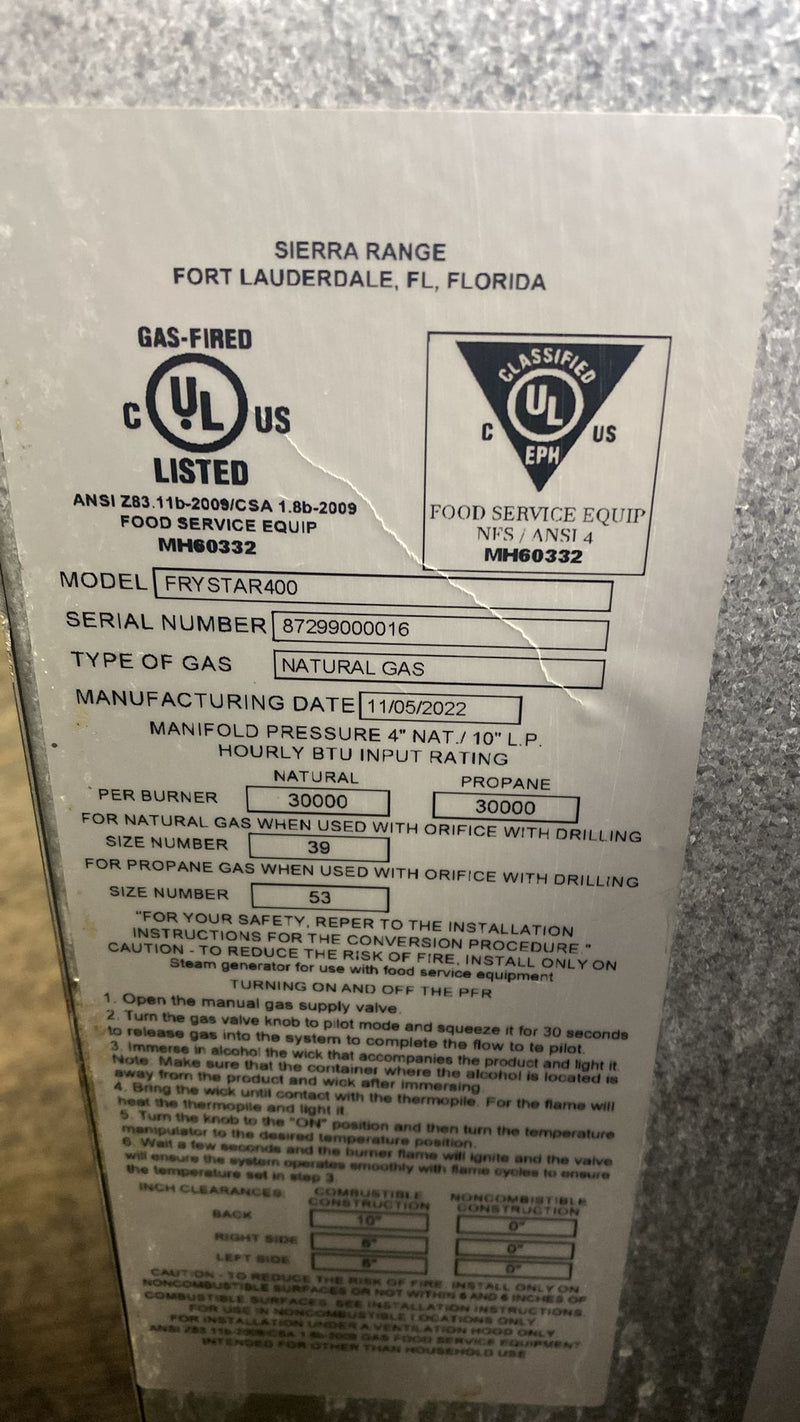 Sierra FRYSTAR400 Commercial 40 lbs Natural Gas Fryer - 90,000 BTU