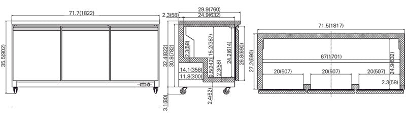 North Air NA-UC72 72" Triple Door Undercounter or Worktop Refrigerator