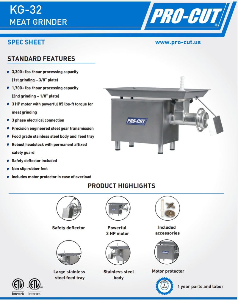 Pro-Cut KG-32 Size 32 Meat Grinder - 3 HP, 220V, Single or Three Phase