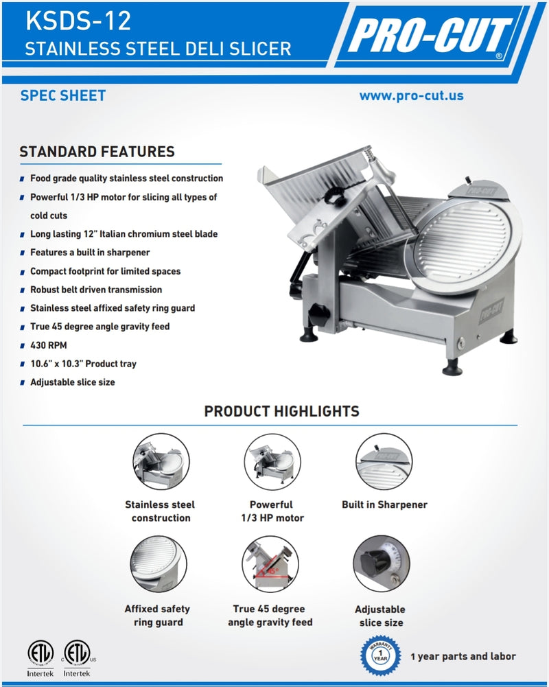 Pro-Cut KSDS-12 Meat Slicer - 12" Blade, 1/3 HP, Belt Drive