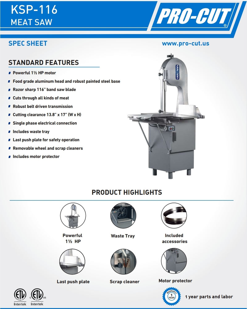 Pro-Cut KSP-116 Band Saw with 116" Blade - 1.5 HP, 110V, Single Phase